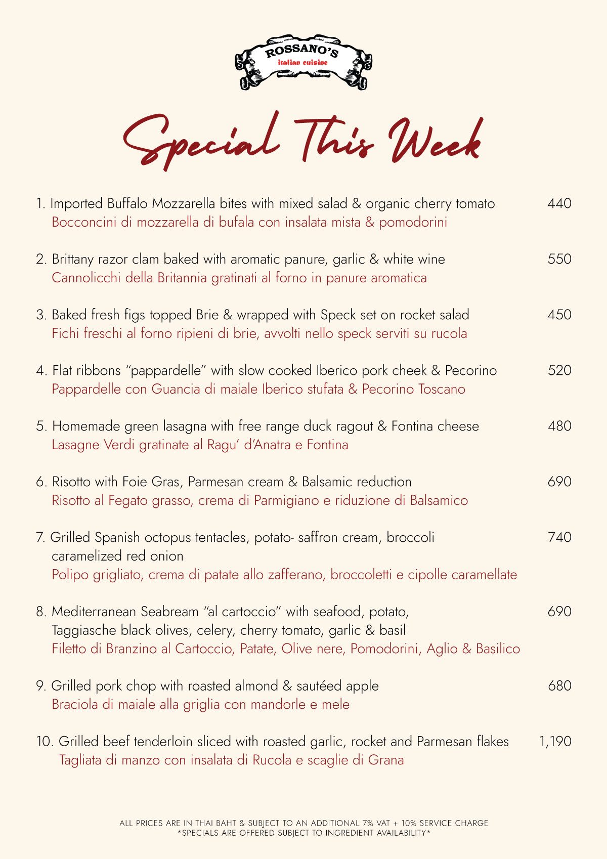 special menu at rossanos